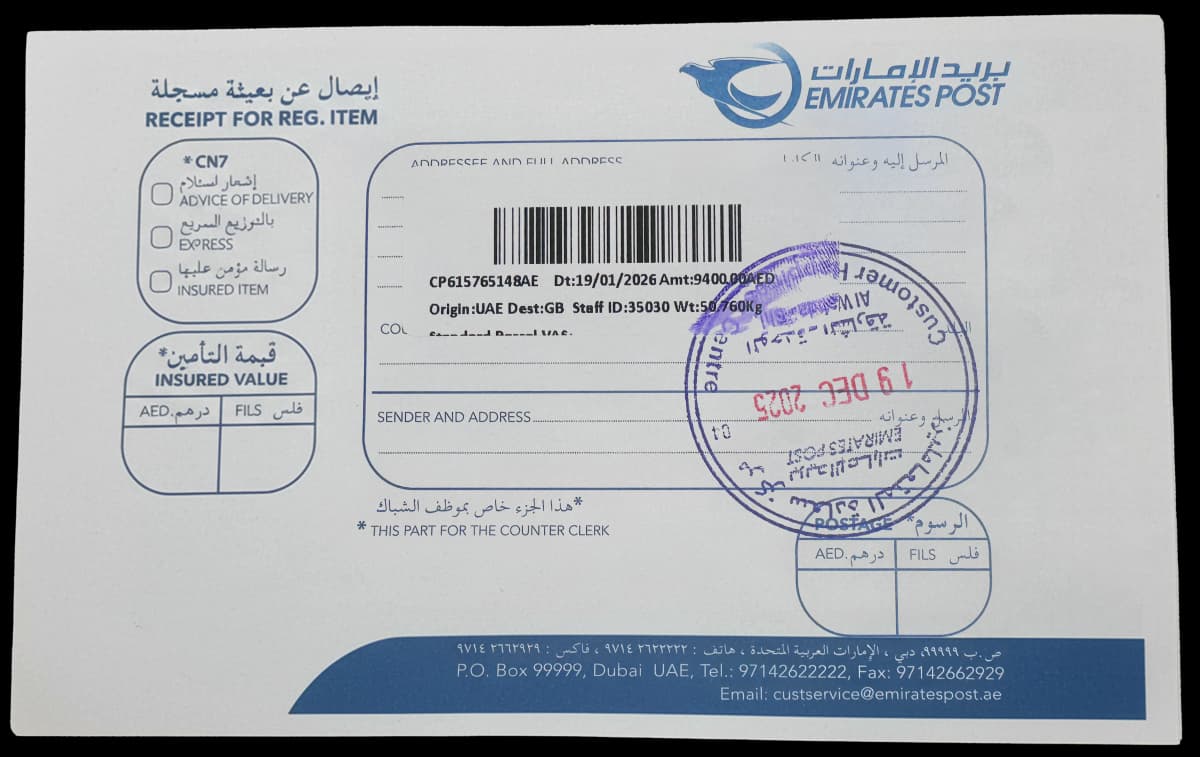 Emirates Post verified import receipt