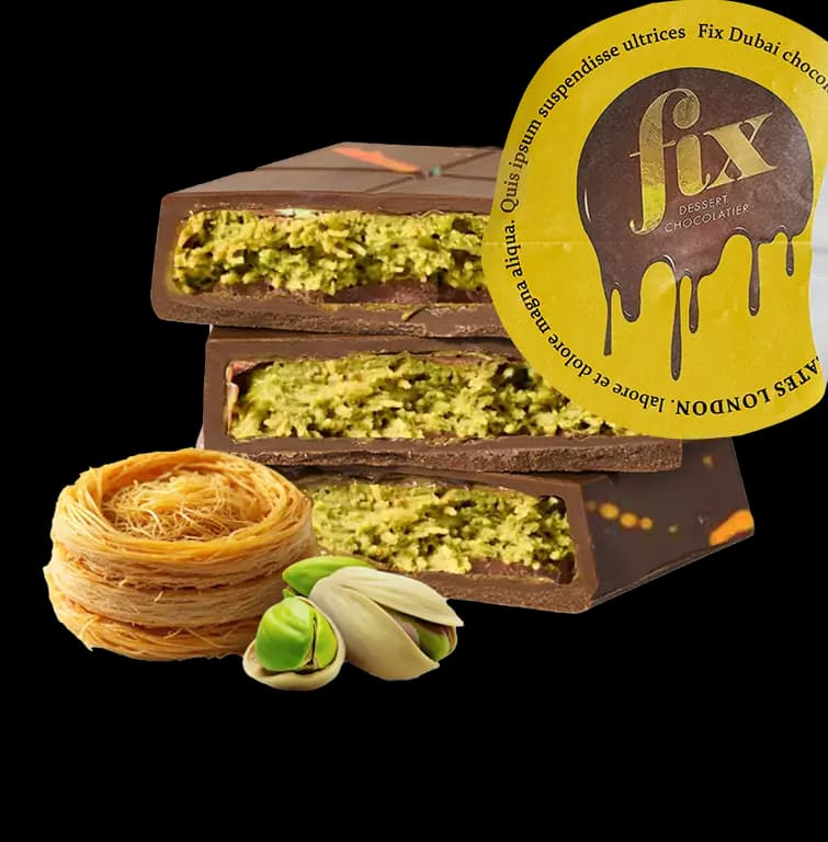 Close-up of the original FIX Dessert Chocolatier 'Can't Get Knafeh of It' bar, showing the vibrant green pistachio and crispy kunafa filling.